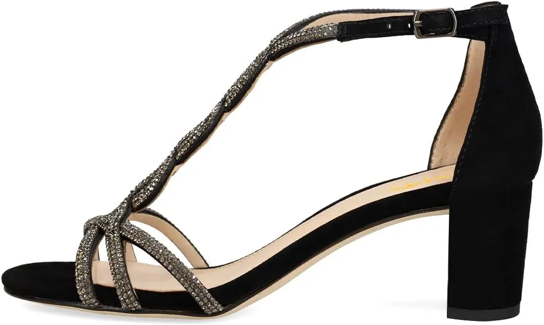 XYD Women's Sparkling Twining T-Bar Block Sandals Open Toe Ankle Straps Low Heel Pumps Dress Wedding Shoes