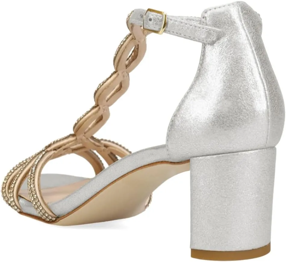 XYD Women's Sparkling Twining T-Bar Block Sandals Open Toe Ankle Straps Low Heel Pumps Dress Wedding Shoes