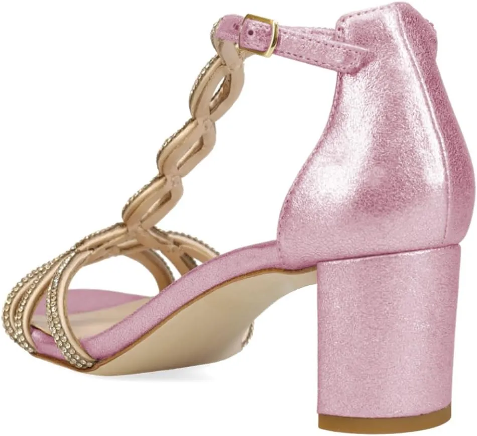XYD Women's Sparkling Twining T-Bar Block Sandals Open Toe Ankle Straps Low Heel Pumps Dress Wedding Shoes