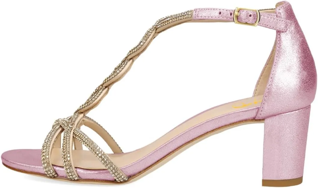 XYD Women's Sparkling Twining T-Bar Block Sandals Open Toe Ankle Straps Low Heel Pumps Dress Wedding Shoes