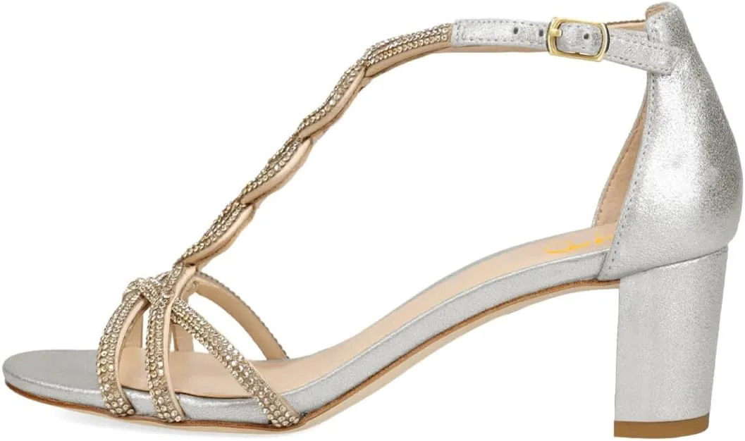 XYD Women's Sparkling Twining T-Bar Block Sandals Open Toe Ankle Straps Low Heel Pumps Dress Wedding Shoes