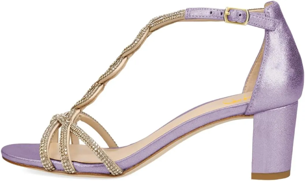 XYD Women's Sparkling Twining T-Bar Block Sandals Open Toe Ankle Straps Low Heel Pumps Dress Wedding Shoes