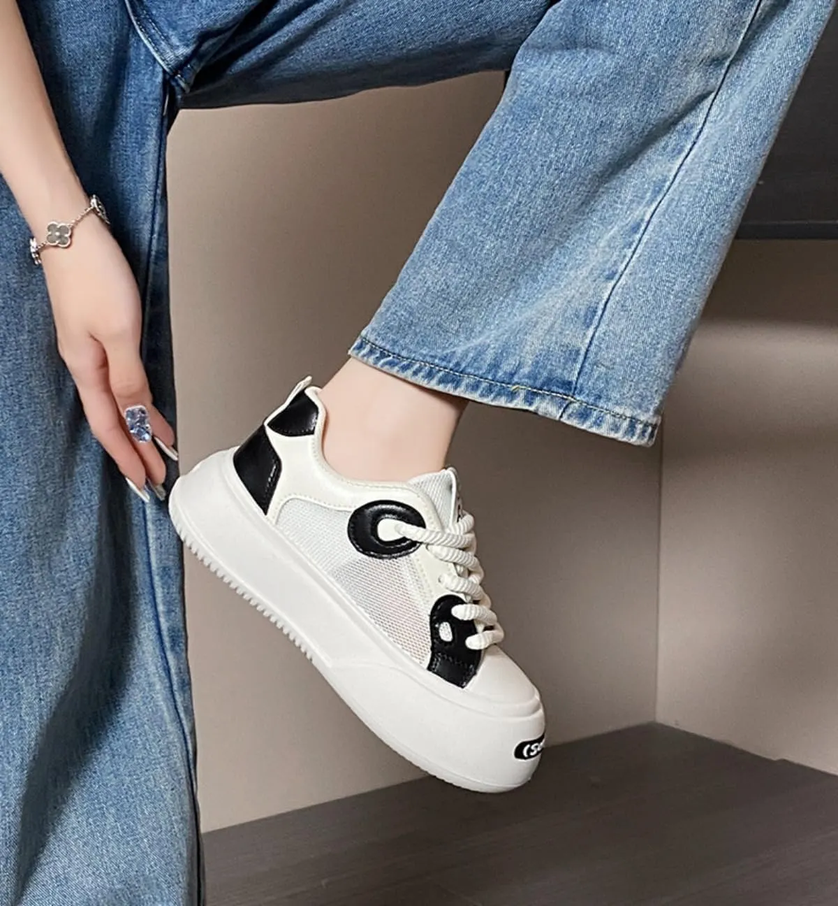 Y2K Chunky Platform Sneakers for Women, Summer Breathable Mesh Casual Shoes, Korean Style Student White Shoes