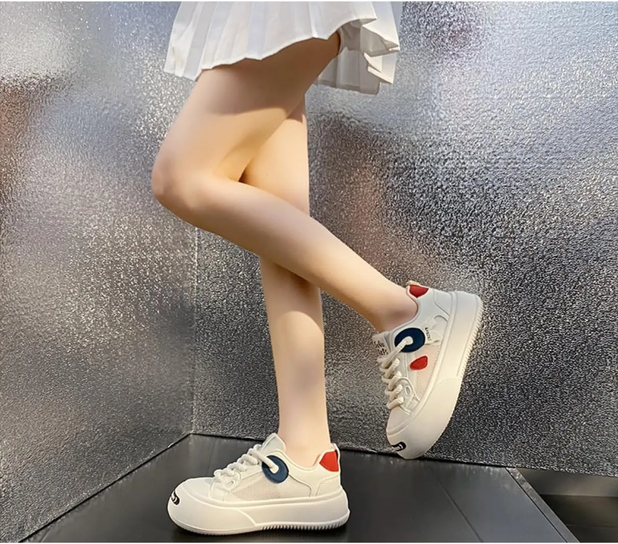 Y2K Chunky Platform Sneakers for Women, Summer Breathable Mesh Casual Shoes, Korean Style Student White Shoes