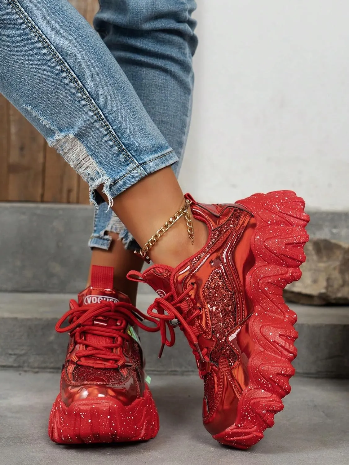 Y2K Sneakers Reflective Shinny Leather Stylish Platform Patent Leather for New Glossy Splatter Flatform Women Casual Wear with 2.36-Inch Elevation