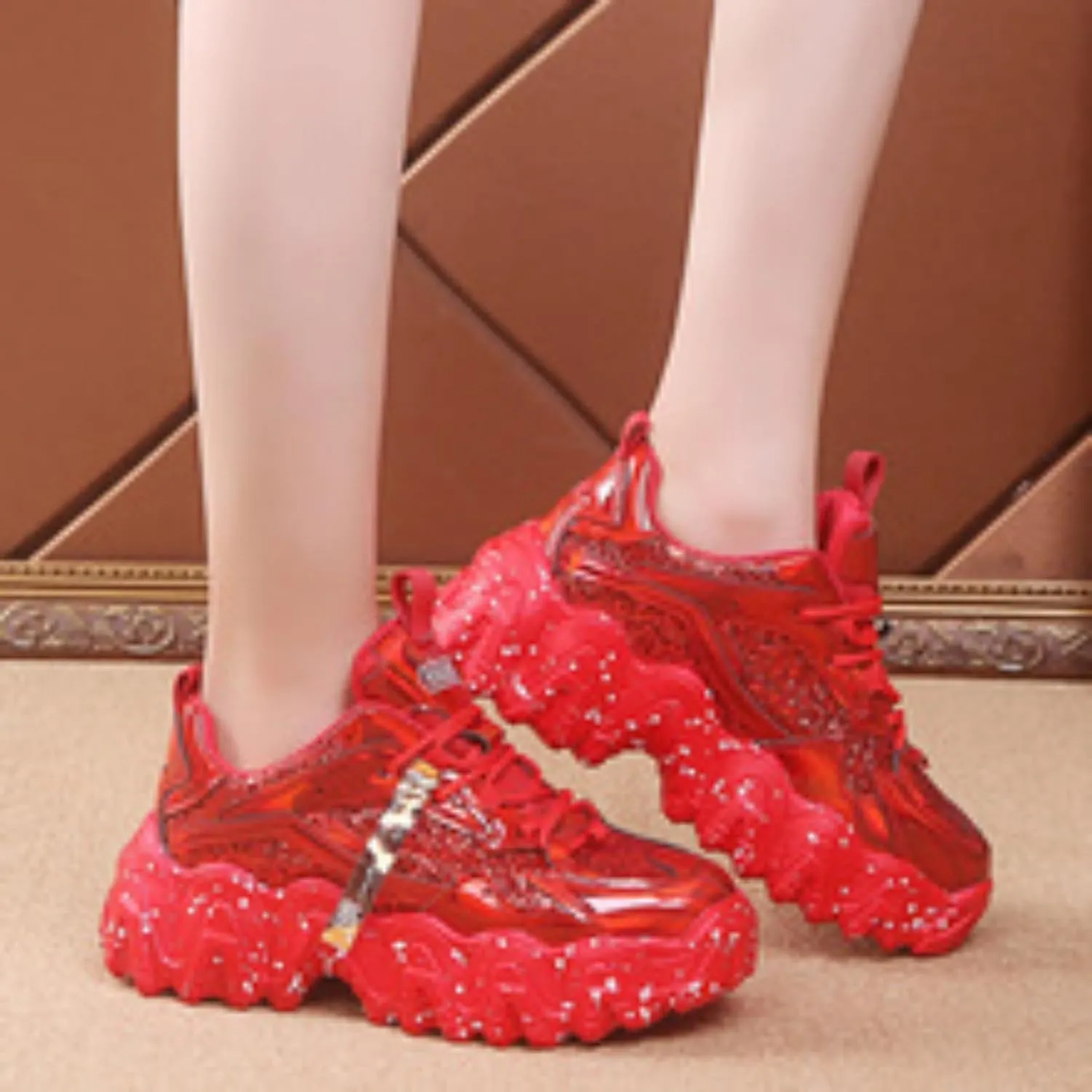 Y2K Sneakers Reflective Shinny Leather Stylish Platform Patent Leather for New Glossy Splatter Flatform Women Casual Wear with 2.36-Inch Elevation