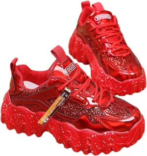 Y2K Sneakers Reflective Shinny Leather Stylish Platform Patent Leather for New Glossy Splatter Flatform Women Casual Wear with 2.36-Inch Elevation