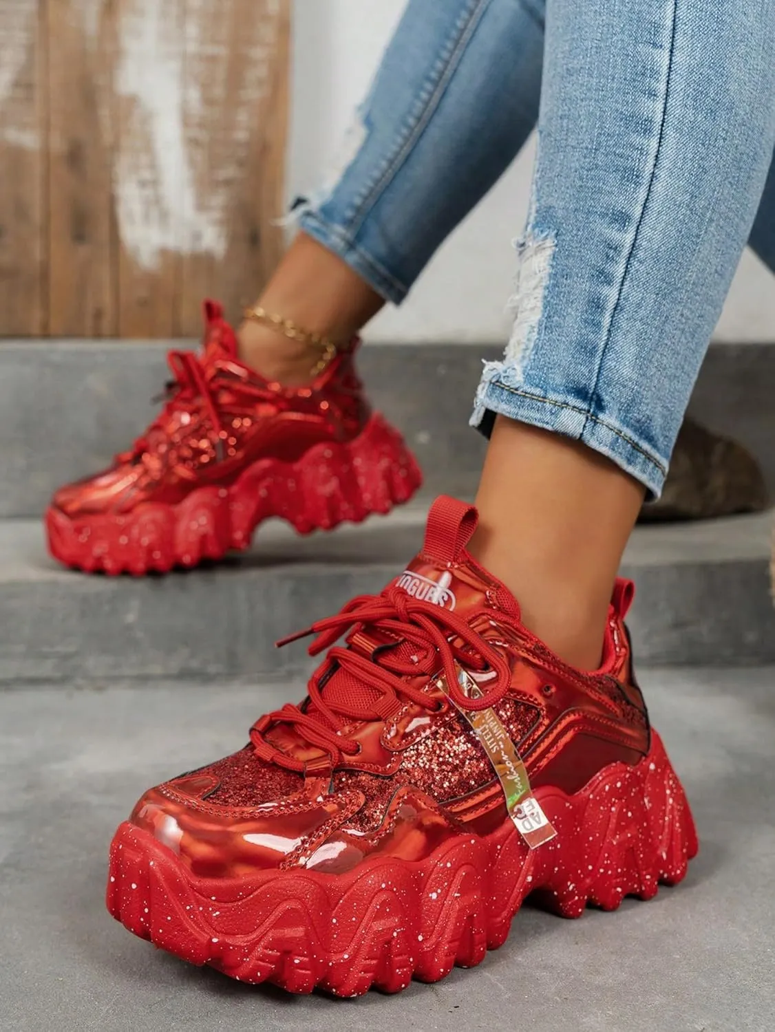 Y2K Sneakers Reflective Shinny Leather Stylish Platform Patent Leather for New Glossy Splatter Flatform Women Casual Wear with 2.36-Inch Elevation