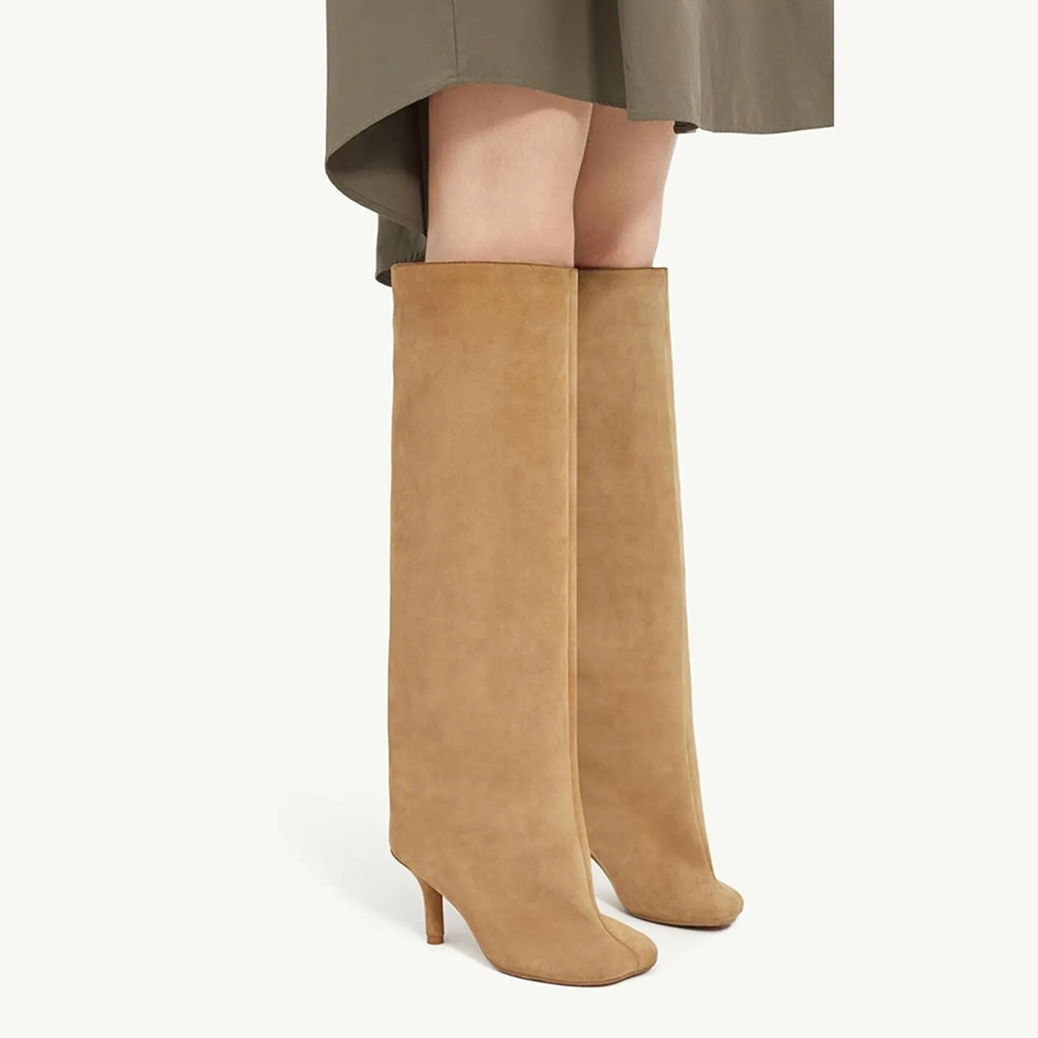Yishaweiqi Camel Suede Knee High Boots for Women: Square Toe Stiletto Heel Long Tall Wide-Calf Comfortable Fall Boots