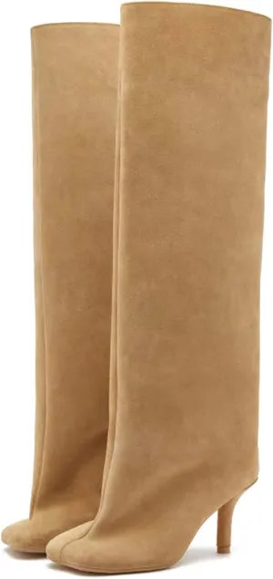 Yishaweiqi Camel Suede Knee High Boots for Women: Square Toe Stiletto Heel Long Tall Wide-Calf Comfortable Fall Boots
