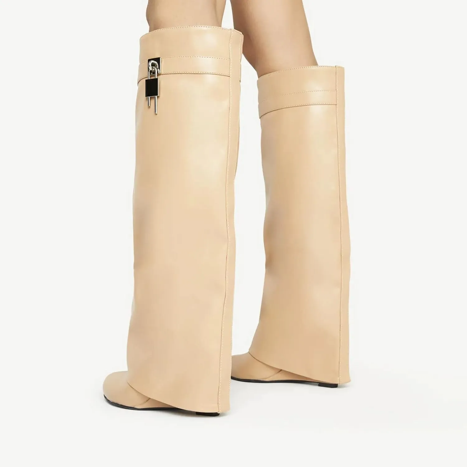 Yishaweiqi Fold Over Boots Wide-calf Wedge Heel Knee High Boot With Decorative Lock