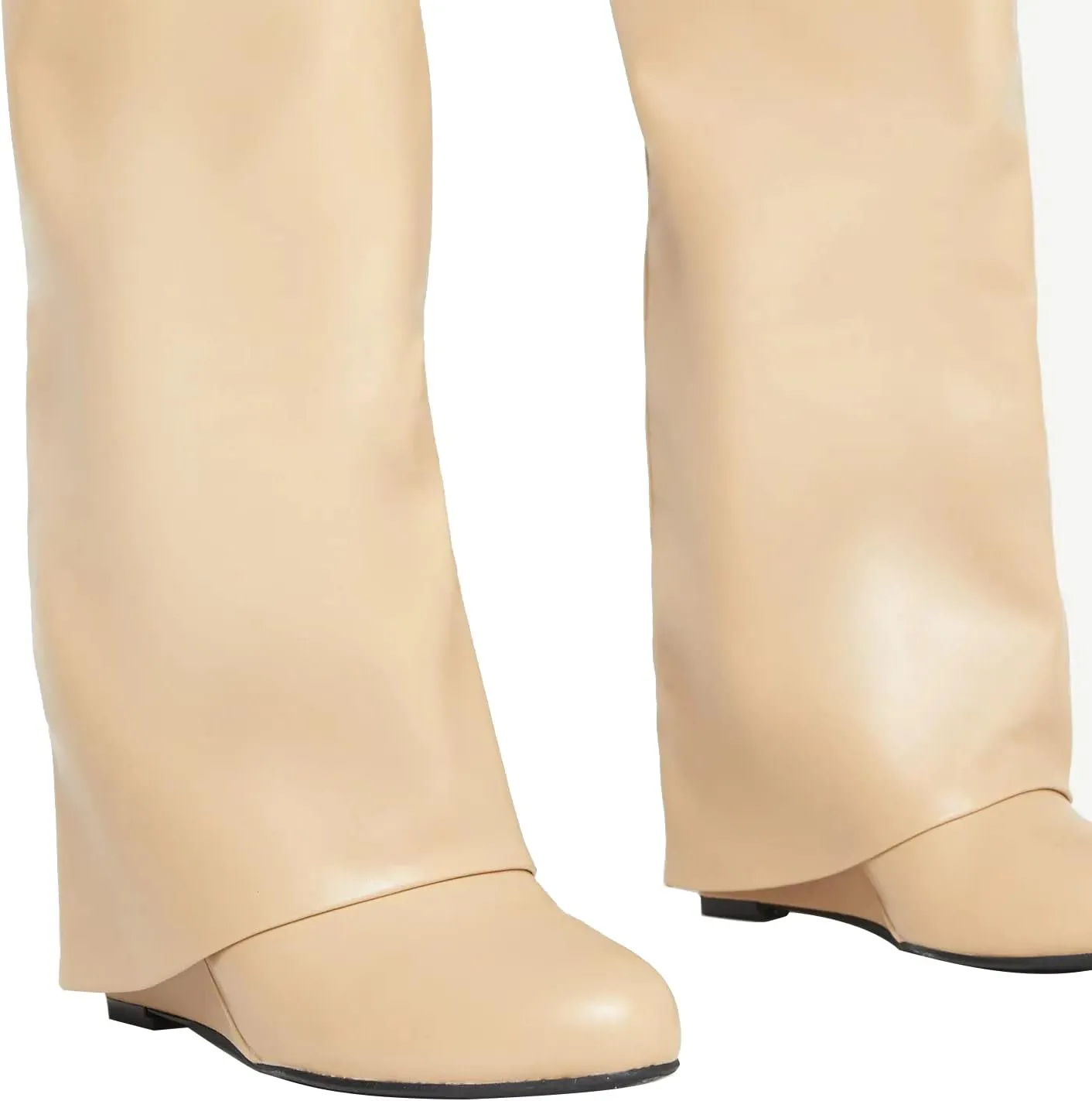 Yishaweiqi Fold Over Boots Wide-calf Wedge Heel Knee High Boot With Decorative Lock