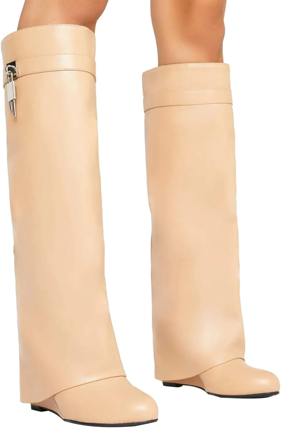 Yishaweiqi Fold Over Boots Wide-calf Wedge Heel Knee High Boot With Decorative Lock