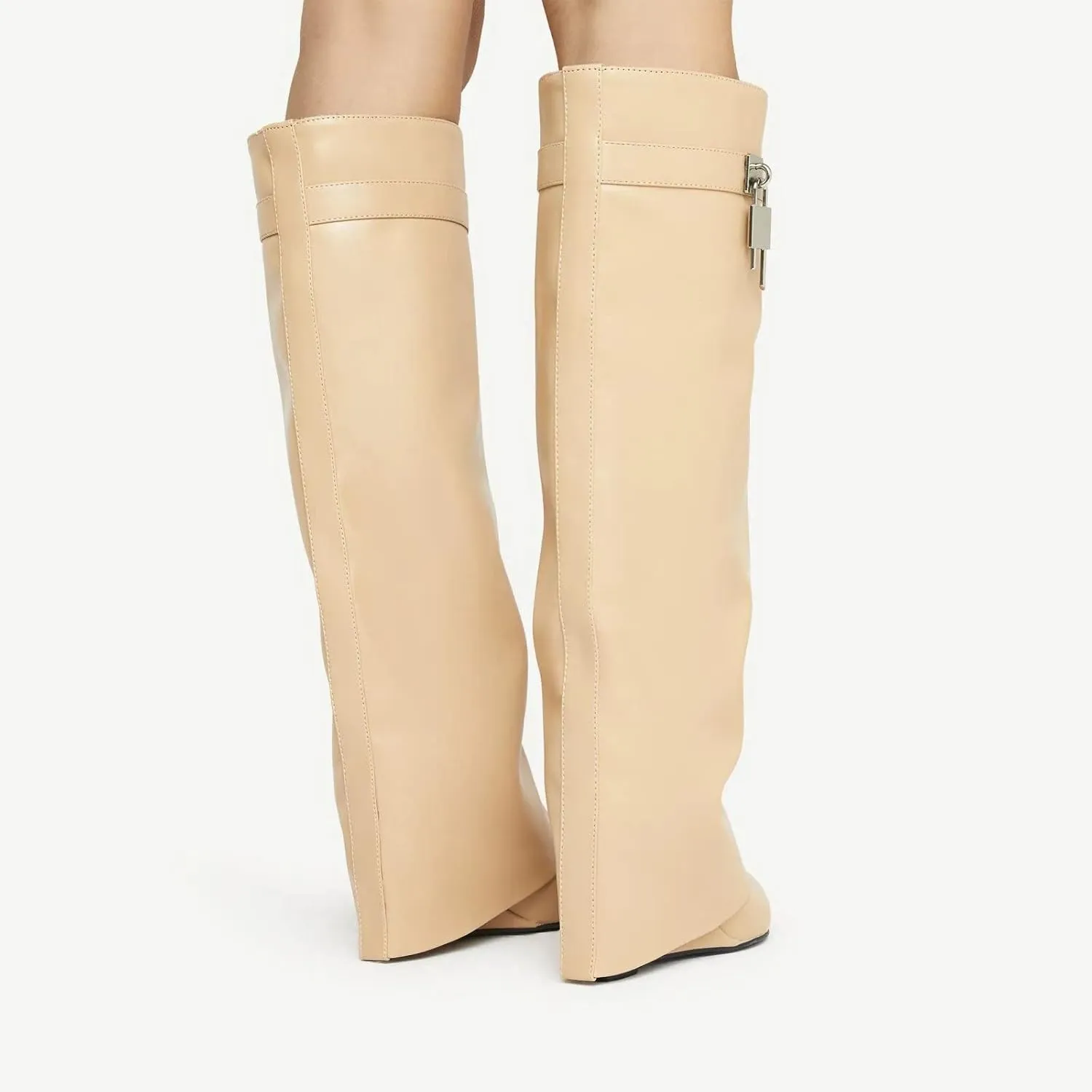 Yishaweiqi Fold Over Boots Wide-calf Wedge Heel Knee High Boot With Decorative Lock