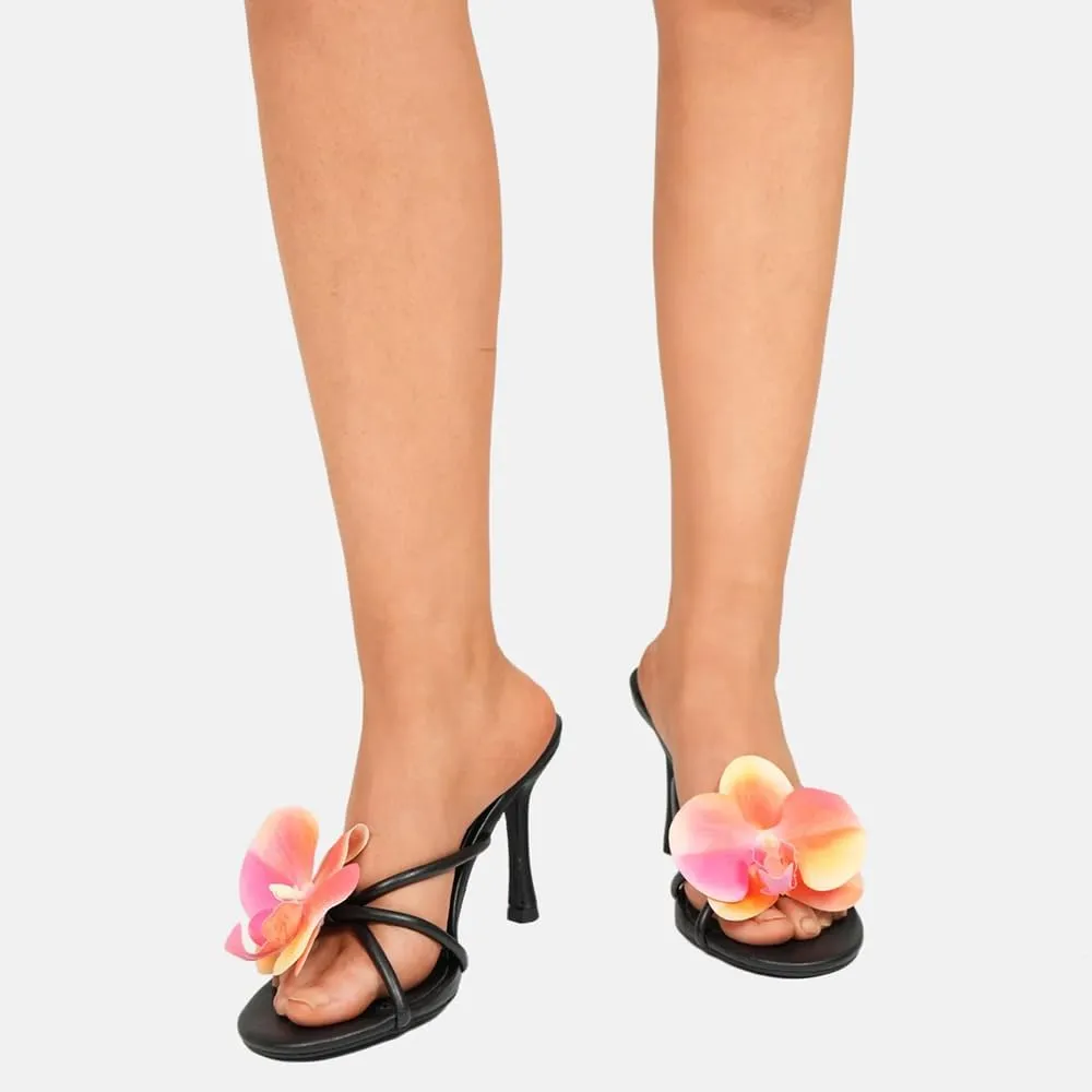 YIYA Women's 3D Flower Strappy Kitten Heels Sandals Elegant Open Round Toe Slip On Slide Floral Slingback Mules Cute Wedding Vacation Party Summer Dress Shoes
