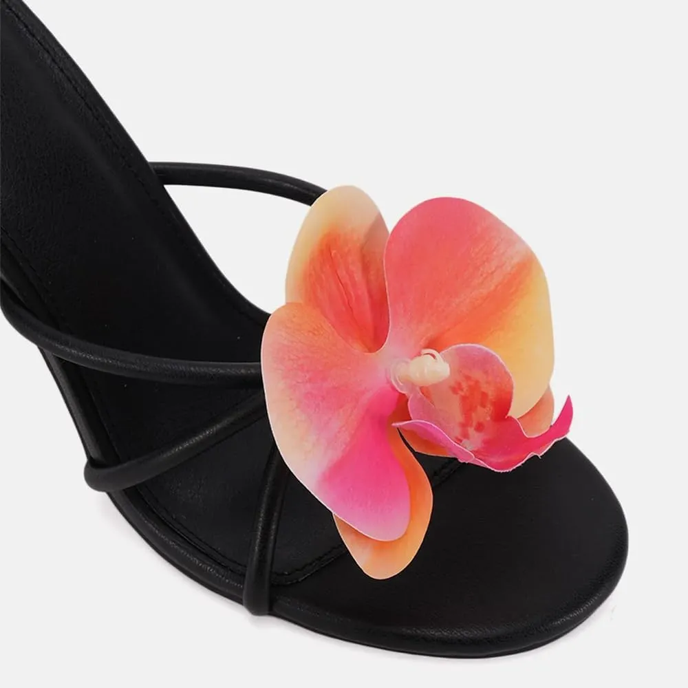 YIYA Women's 3D Flower Strappy Kitten Heels Sandals Elegant Open Round Toe Slip On Slide Floral Slingback Mules Cute Wedding Vacation Party Summer Dress Shoes