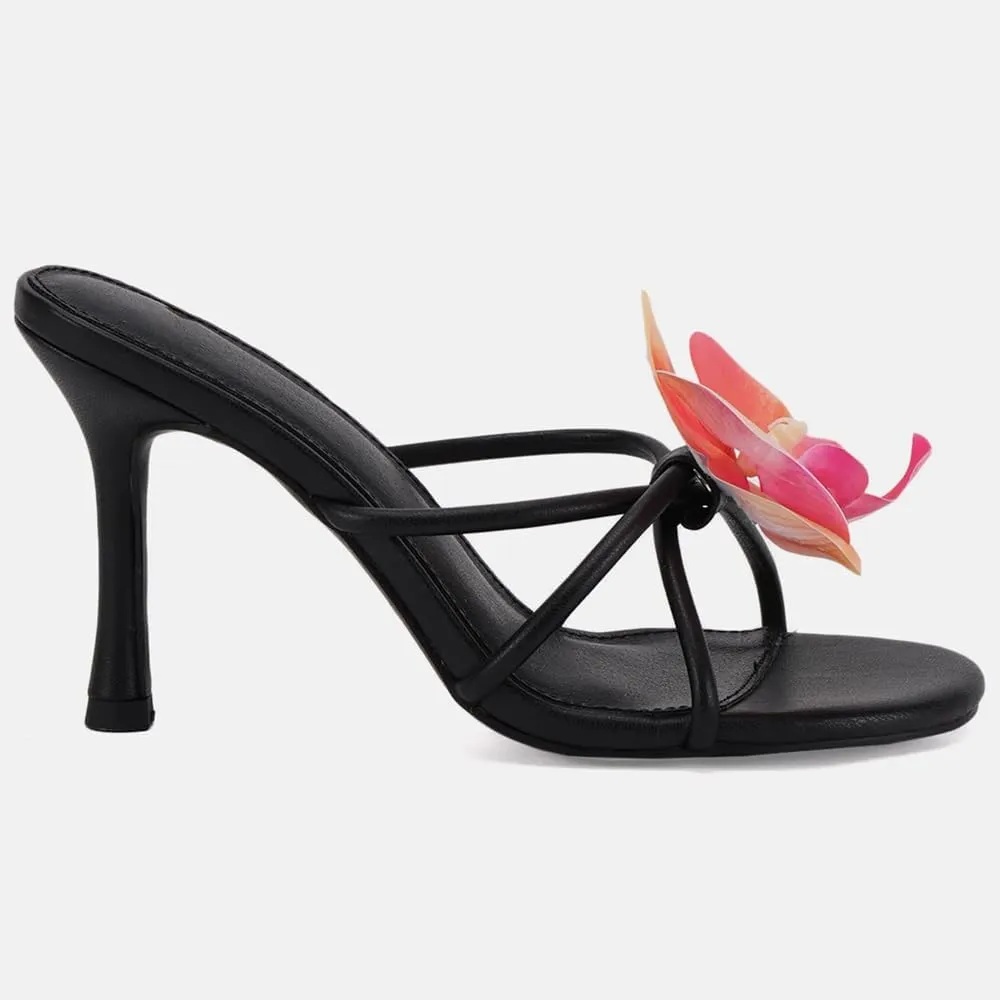 YIYA Women's 3D Flower Strappy Kitten Heels Sandals Elegant Open Round Toe Slip On Slide Floral Slingback Mules Cute Wedding Vacation Party Summer Dress Shoes