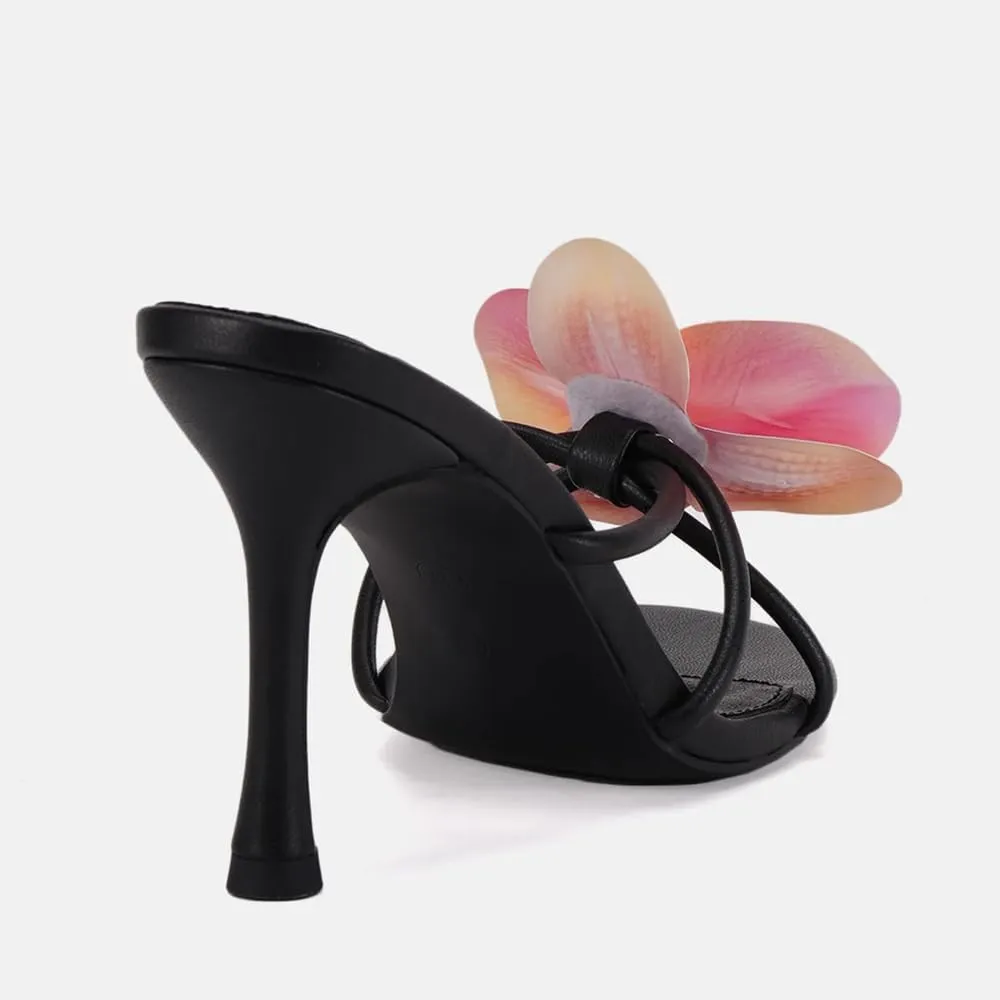 YIYA Women's 3D Flower Strappy Kitten Heels Sandals Elegant Open Round Toe Slip On Slide Floral Slingback Mules Cute Wedding Vacation Party Summer Dress Shoes