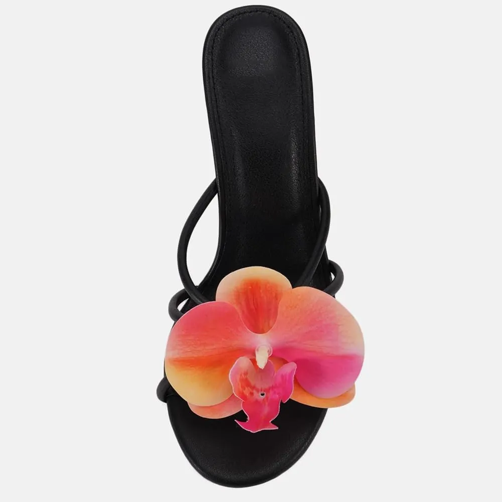 YIYA Women's 3D Flower Strappy Kitten Heels Sandals Elegant Open Round Toe Slip On Slide Floral Slingback Mules Cute Wedding Vacation Party Summer Dress Shoes