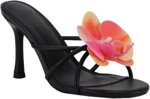 YIYA Women's 3D Flower Strappy Kitten Heels Sandals Elegant Open Round Toe Slip On Slide Floral Slingback Mules Cute Wedding Vacation Party Summer Dress Shoes