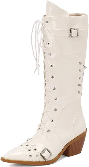 YIYA Women's Buckle Studded Lace Up Goth Knee High Boots with Chain Pointed Toe Chunky Heels Gothic Punk Knight Tall Zipper Boots