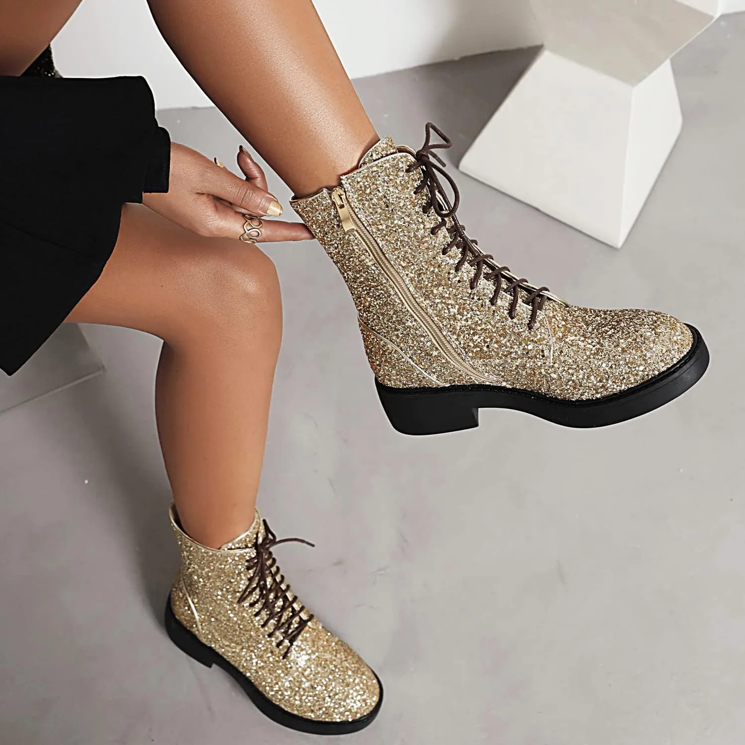 YIYA Women's Lace Up Glitter Sequin Combat Boots Round Toe Chunky Low Heel Side Zipper Sparkly Ankle Booties