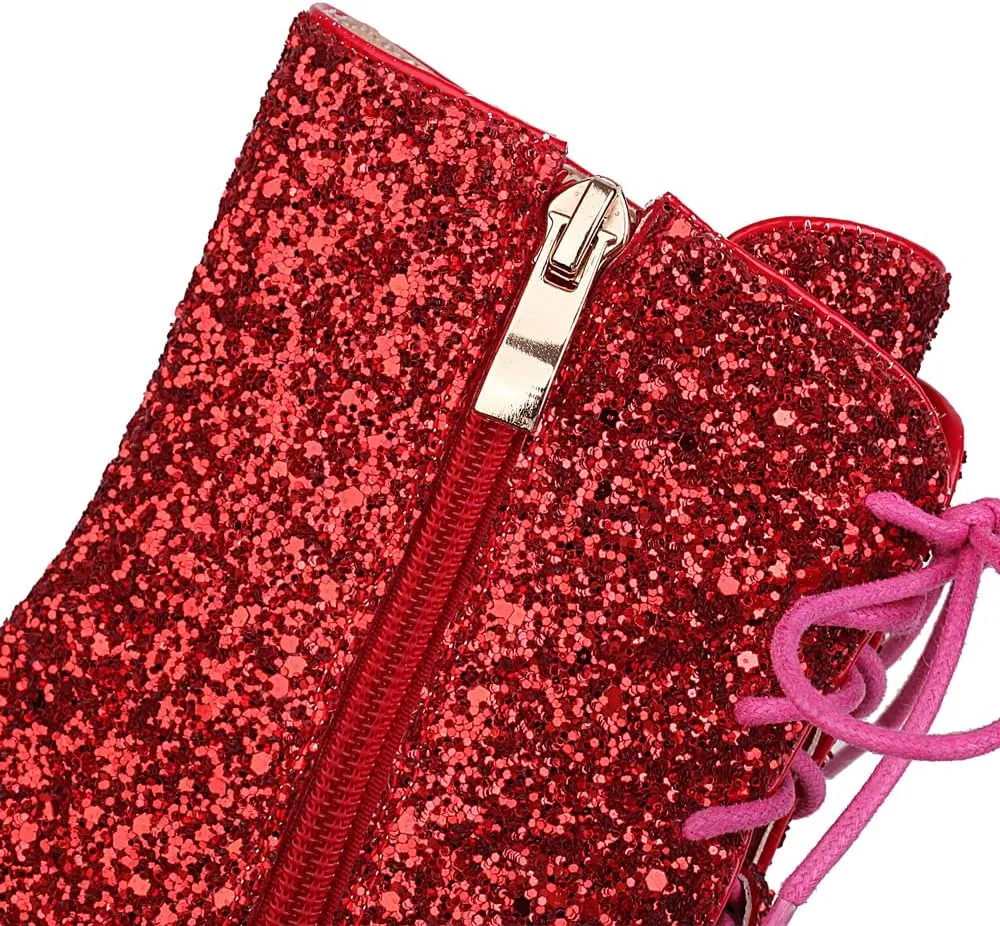 YIYA Women's Lace Up Glitter Sequin Combat Boots Round Toe Chunky Low Heel Side Zipper Sparkly Ankle Booties