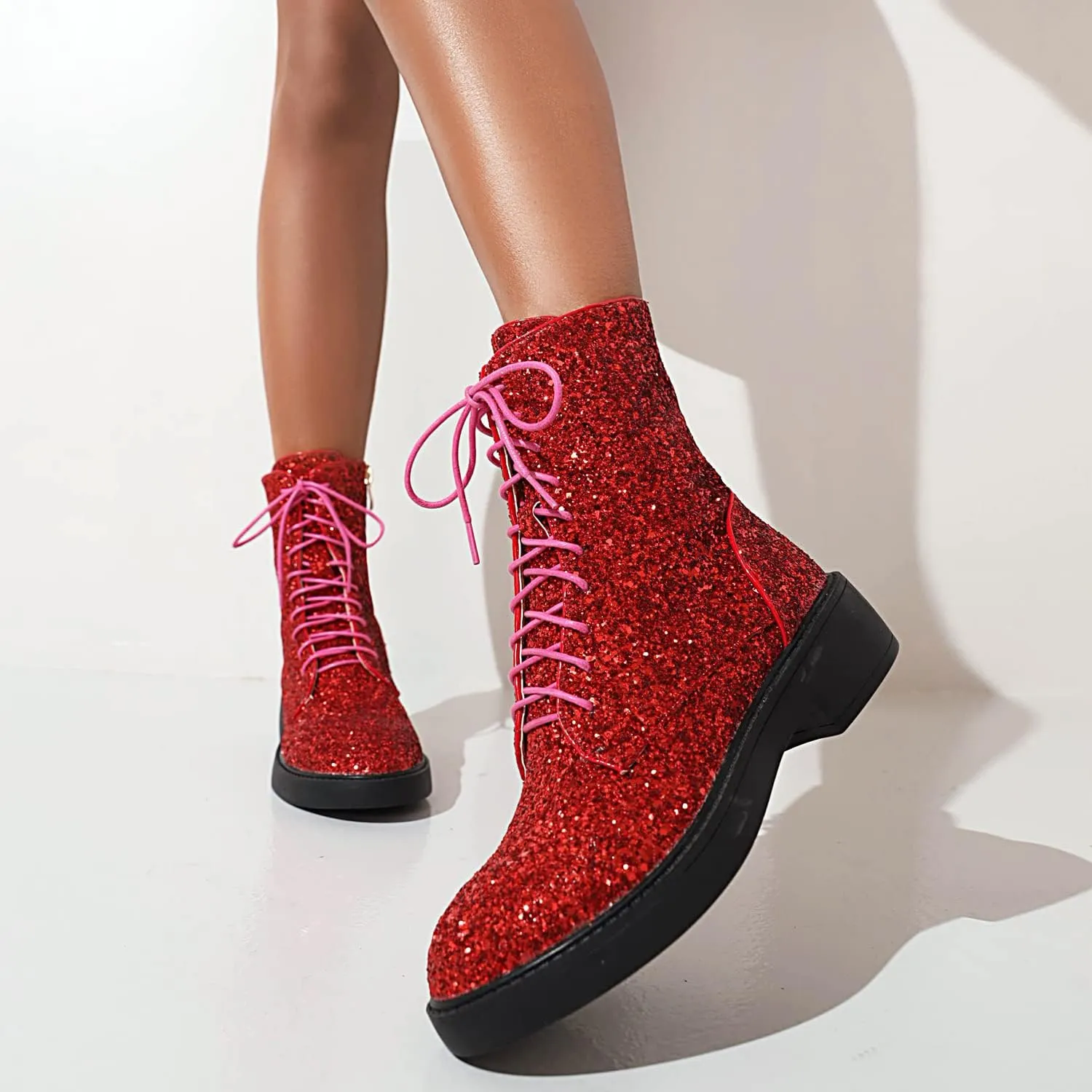 YIYA Women's Lace Up Glitter Sequin Combat Boots Round Toe Chunky Low Heel Side Zipper Sparkly Ankle Booties
