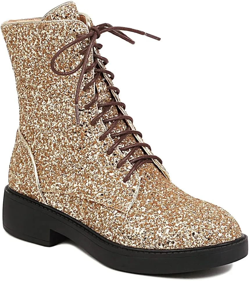 YIYA Women's Lace Up Glitter Sequin Combat Boots Round Toe Chunky Low Heel Side Zipper Sparkly Ankle Booties