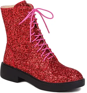 YIYA Women's Lace Up Glitter Sequin Combat Boots Round Toe Chunky Low Heel Side Zipper Sparkly Ankle Booties