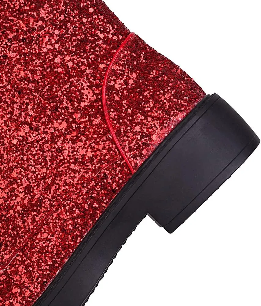 YIYA Women's Lace Up Glitter Sequin Combat Boots Round Toe Chunky Low Heel Side Zipper Sparkly Ankle Booties