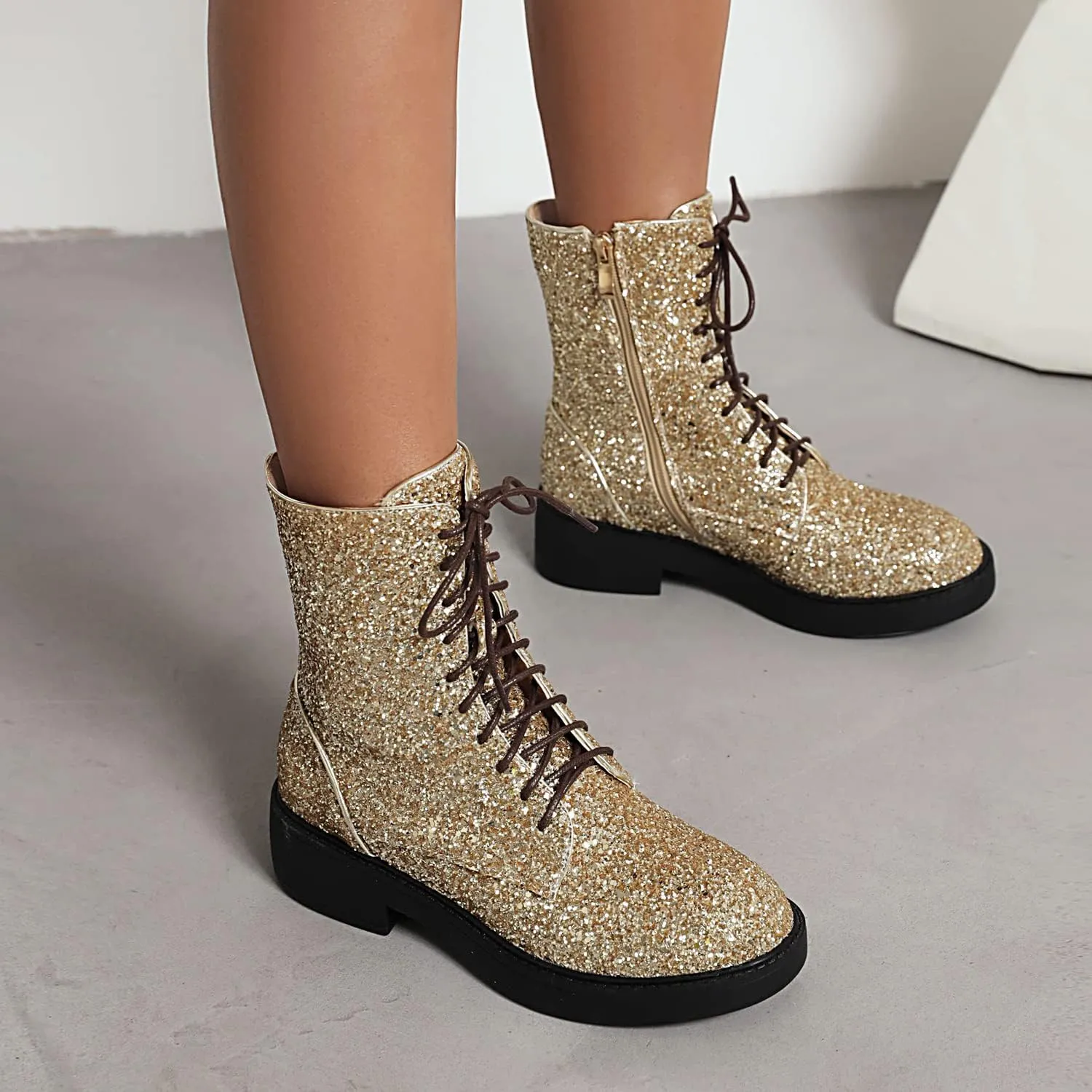 YIYA Women's Lace Up Glitter Sequin Combat Boots Round Toe Chunky Low Heel Side Zipper Sparkly Ankle Booties