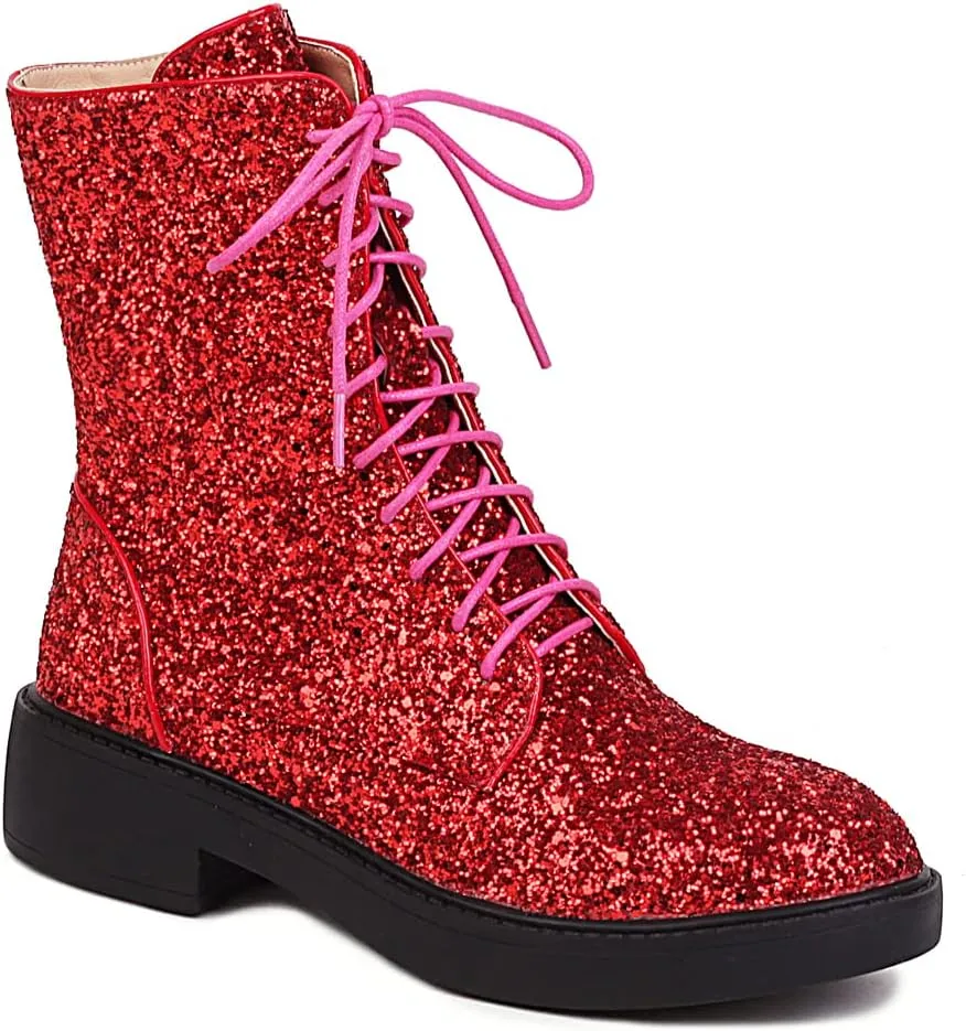 YIYA Women's Lace Up Glitter Sequin Combat Boots Round Toe Chunky Low Heel Side Zipper Sparkly Ankle Booties