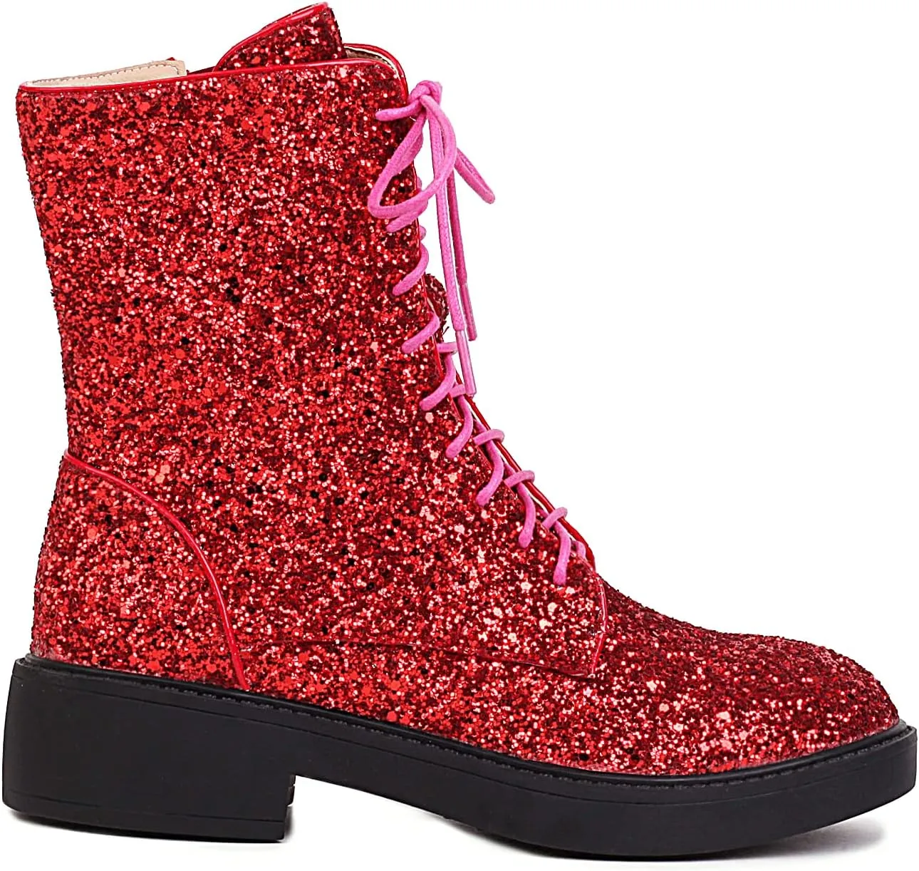 YIYA Women's Lace Up Glitter Sequin Combat Boots Round Toe Chunky Low Heel Side Zipper Sparkly Ankle Booties