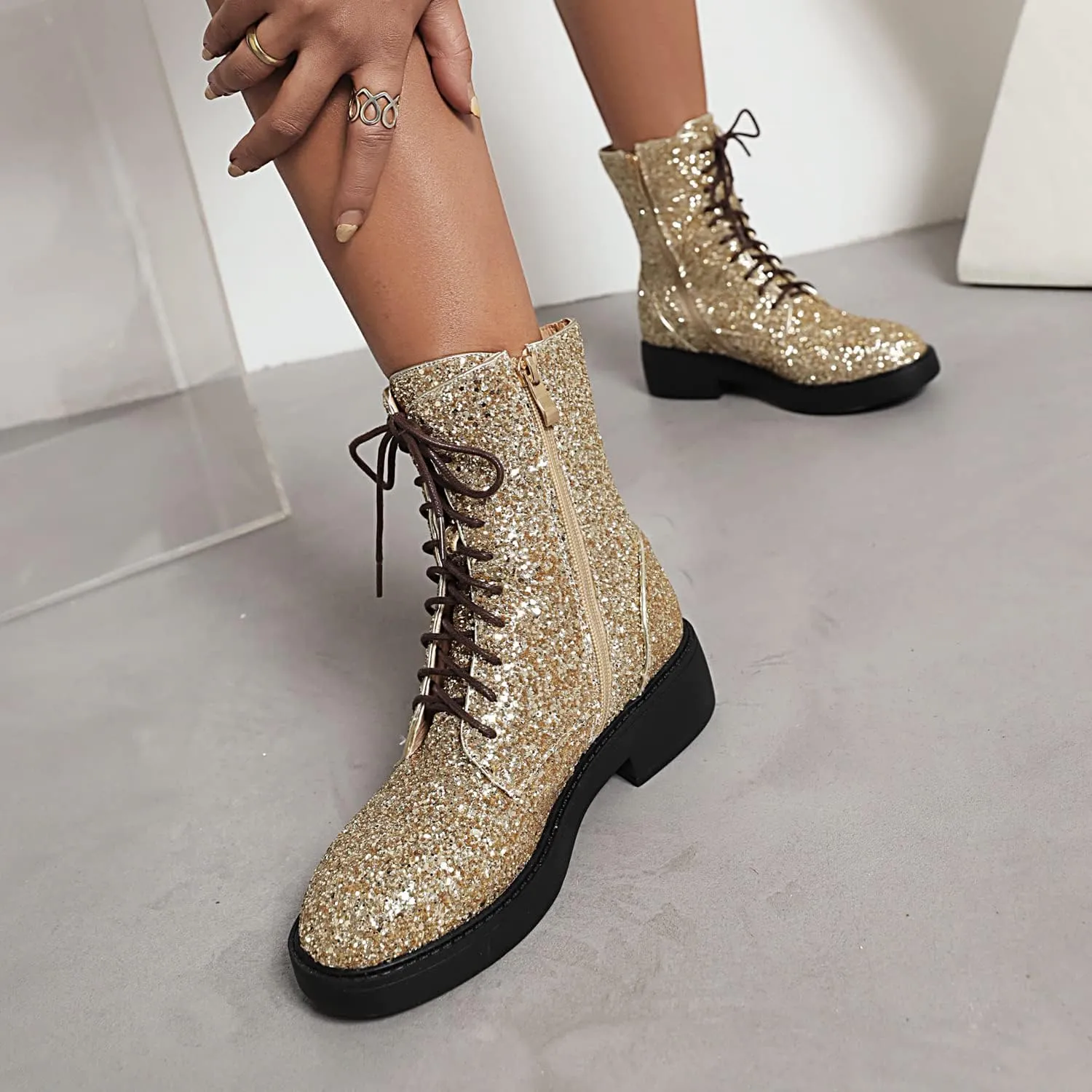 YIYA Women's Lace Up Glitter Sequin Combat Boots Round Toe Chunky Low Heel Side Zipper Sparkly Ankle Booties
