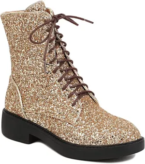 YIYA Women's Lace Up Glitter Sequin Combat Boots Round Toe Chunky Low Heel Side Zipper Sparkly Ankle Booties
