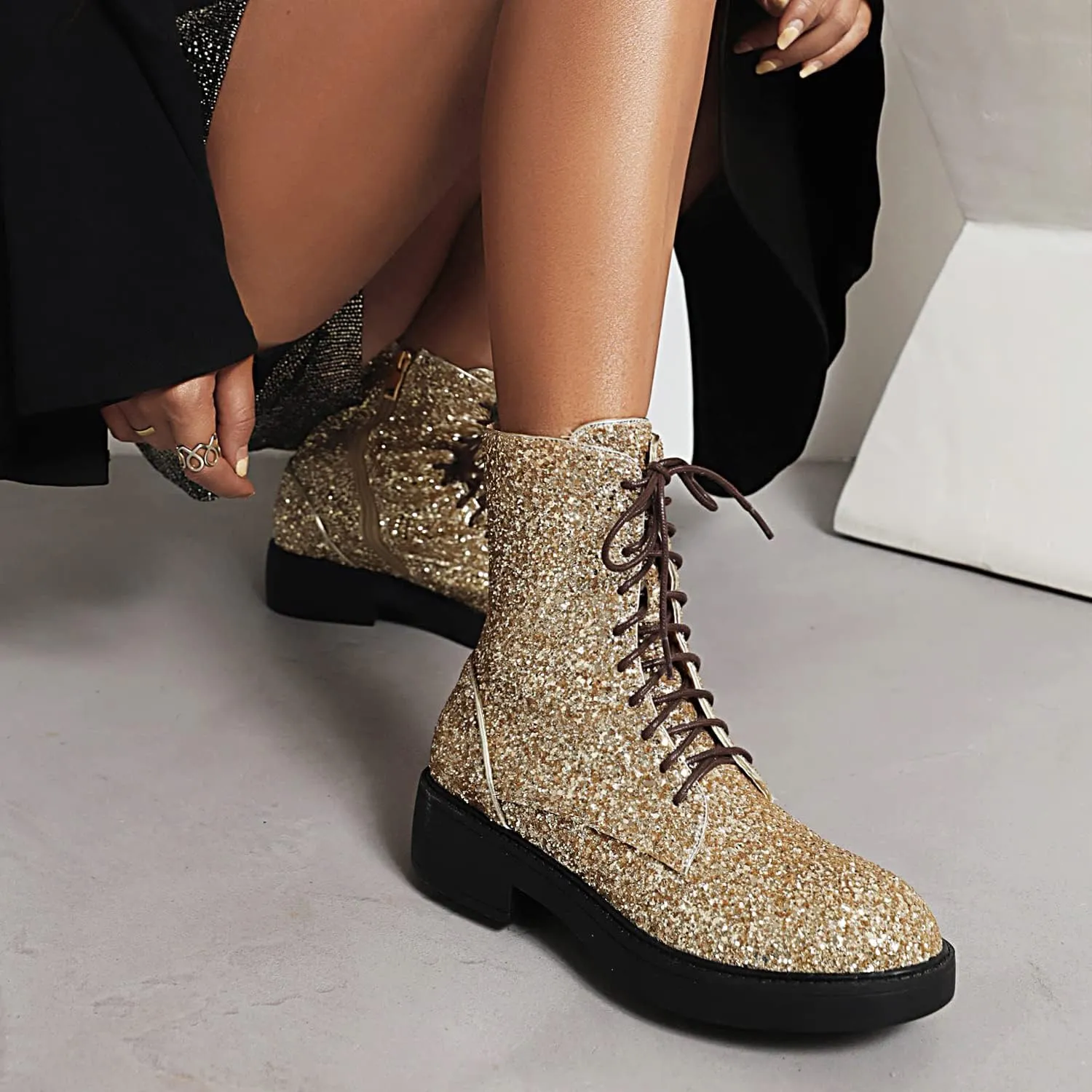 YIYA Women's Lace Up Glitter Sequin Combat Boots Round Toe Chunky Low Heel Side Zipper Sparkly Ankle Booties
