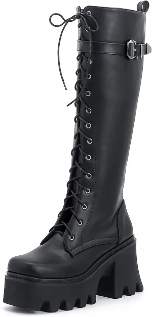 YIYA Women's Platform Goth Knee High Boots Gothic Buckle Punk Booties Lace Up Chunky High Heel Gothic Combat Motorcycle Boots with Side Zipper