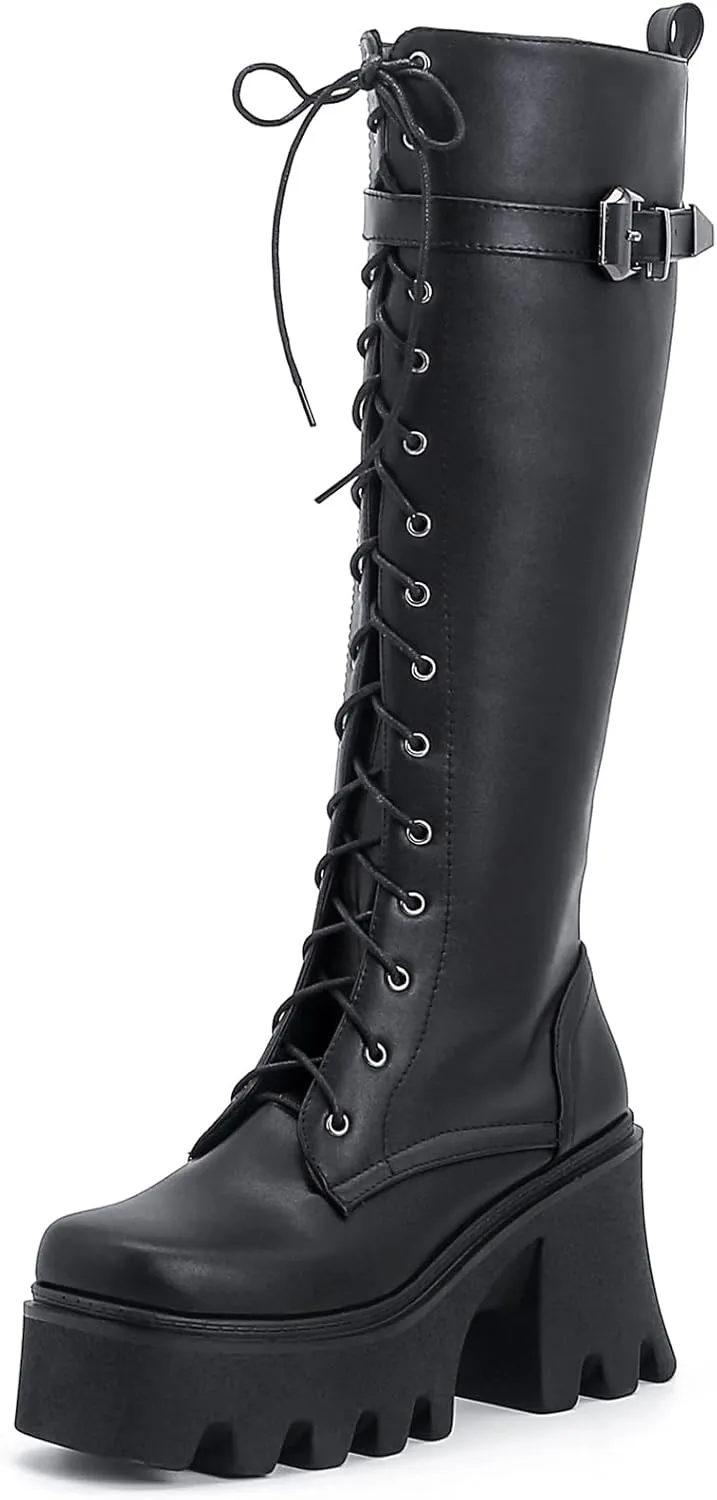 YIYA Women's Platform Goth Knee High Boots Gothic Buckle Punk Booties Lace Up Chunky High Heel Gothic Combat Motorcycle Boots with Side Zipper