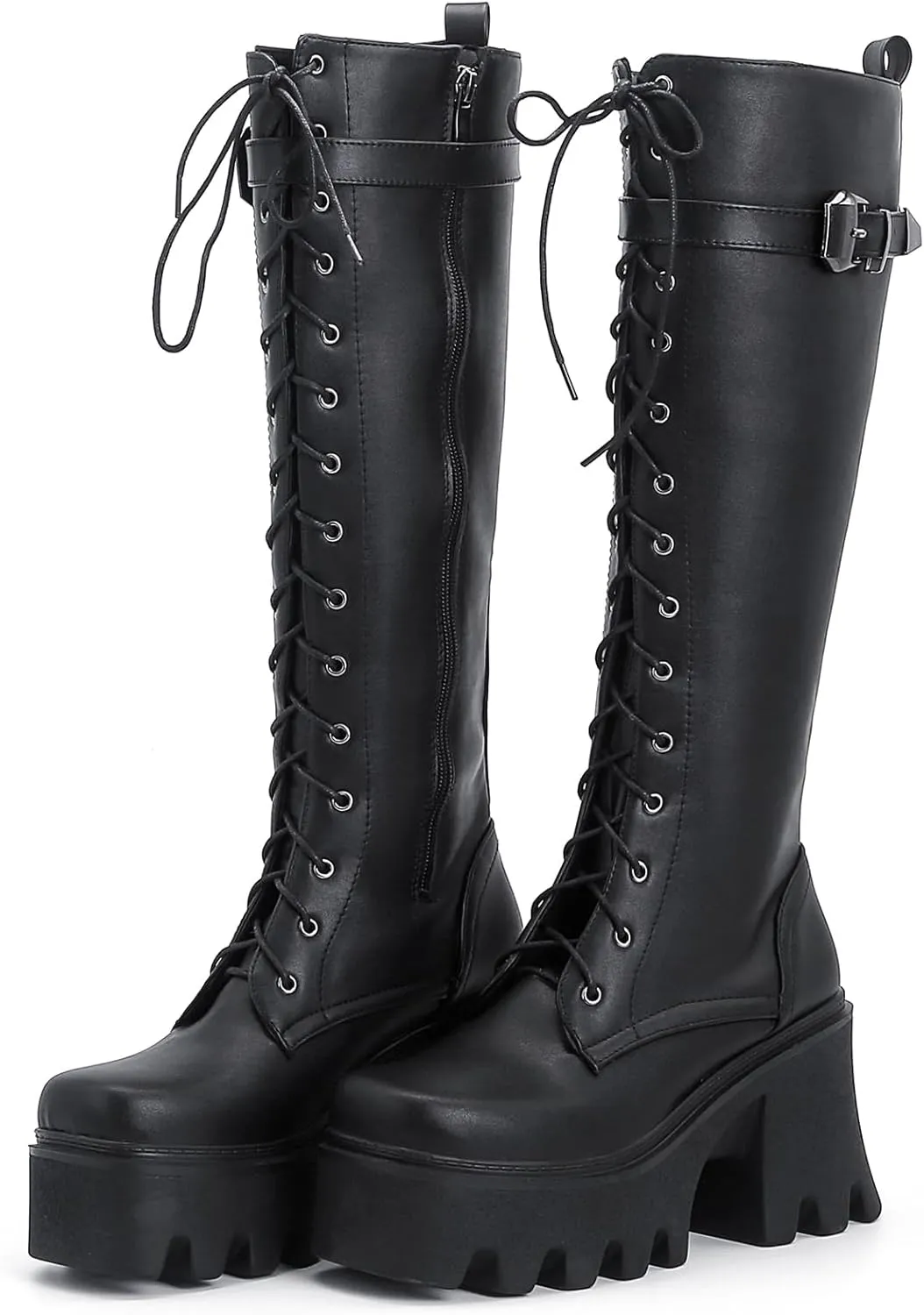 YIYA Women's Platform Goth Knee High Boots Gothic Buckle Punk Booties Lace Up Chunky High Heel Gothic Combat Motorcycle Boots with Side Zipper