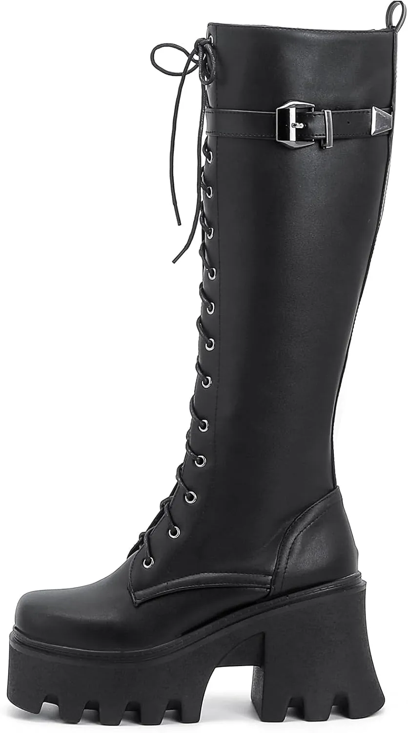 YIYA Women's Platform Goth Knee High Boots Gothic Buckle Punk Booties Lace Up Chunky High Heel Gothic Combat Motorcycle Boots with Side Zipper