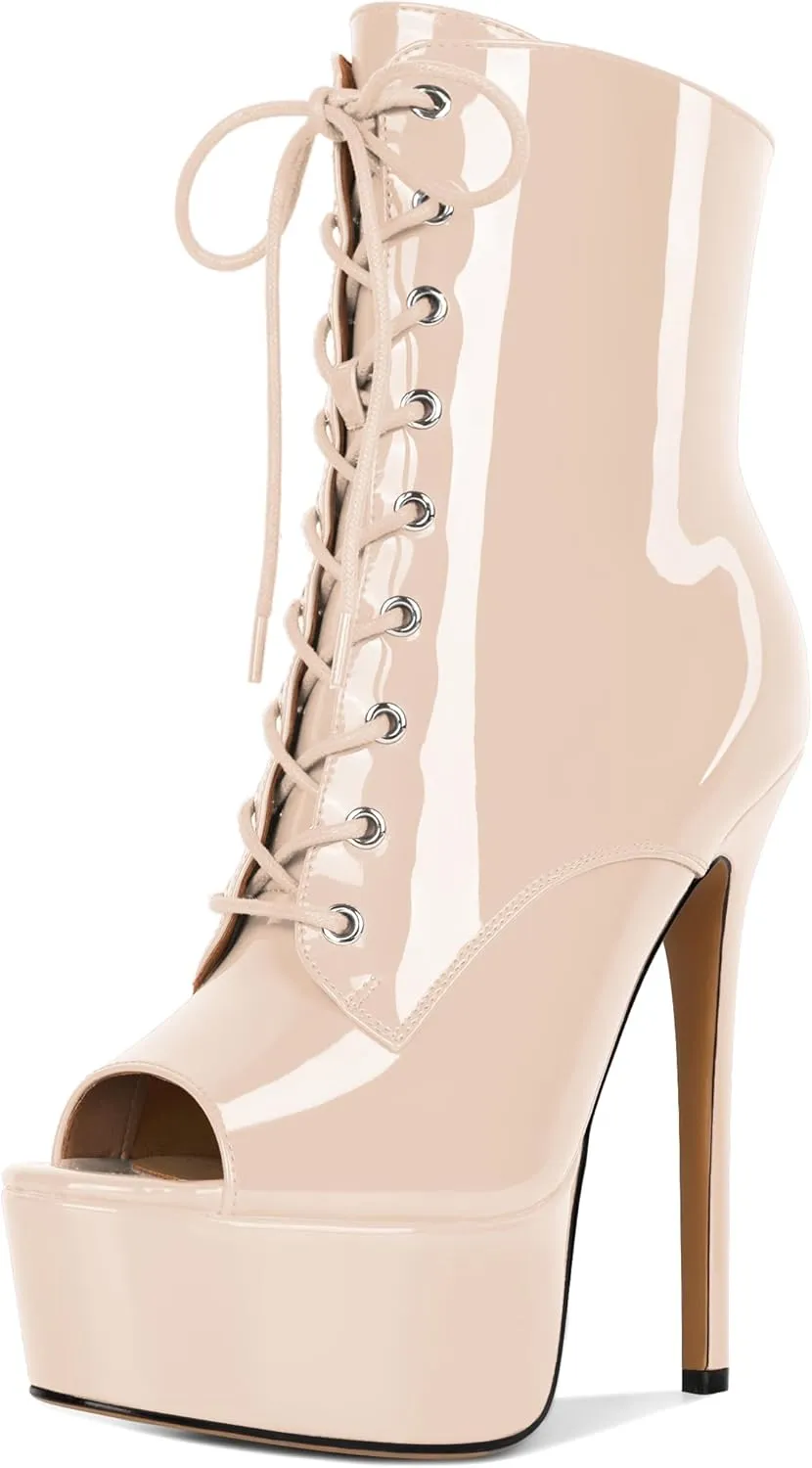 YODEKS Women Ankle Boots Platform Stiletto Heel Boots Peep Toe Booties Side Zipper 6'' Sexy Boots For Club Dance Size 6-12