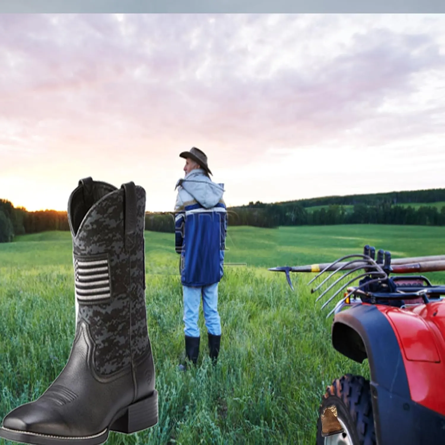 YXCFEWD Cowboy Boots for Men, Slip on Square Toe Boots, Slip Resistant Boots Chunky Heel, Sport Patriot Western Men's Boot