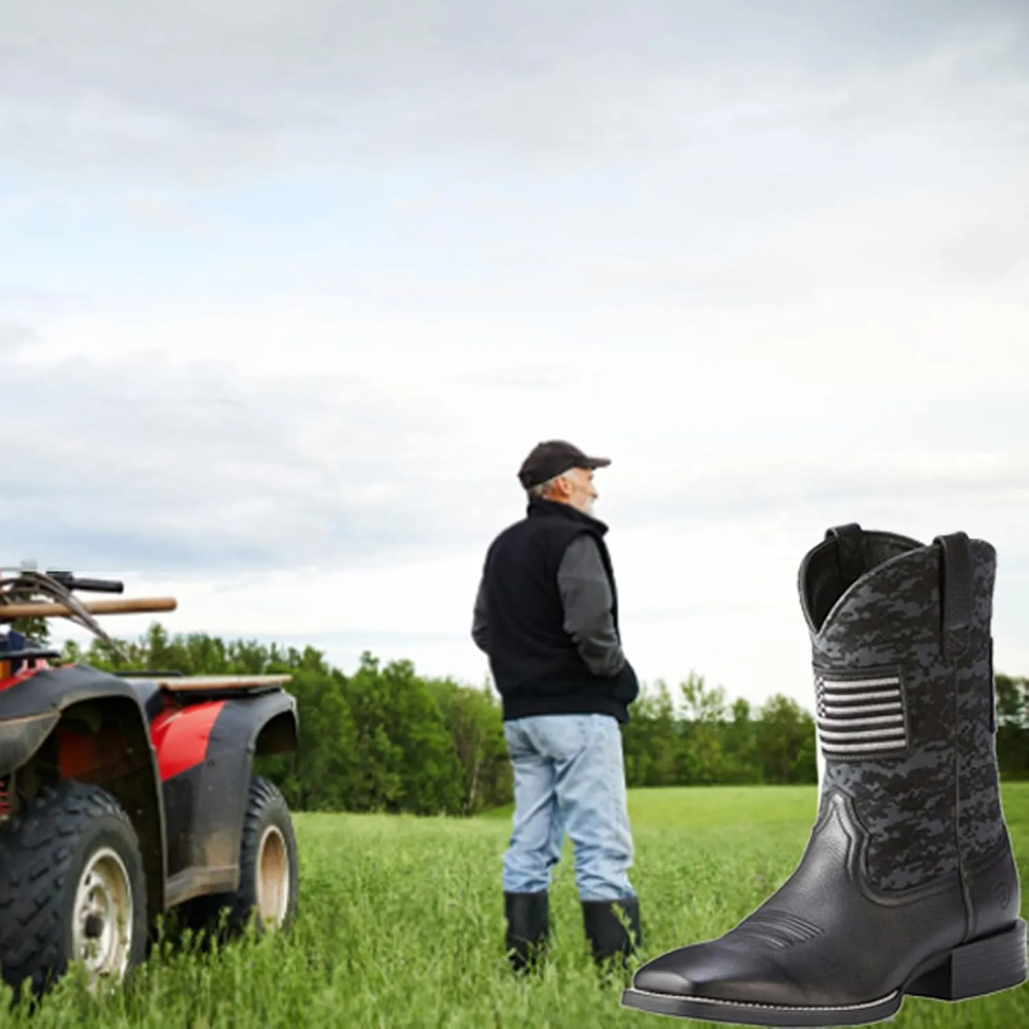 YXCFEWD Cowboy Boots for Men, Slip on Square Toe Boots, Slip Resistant Boots Chunky Heel, Sport Patriot Western Men's Boot