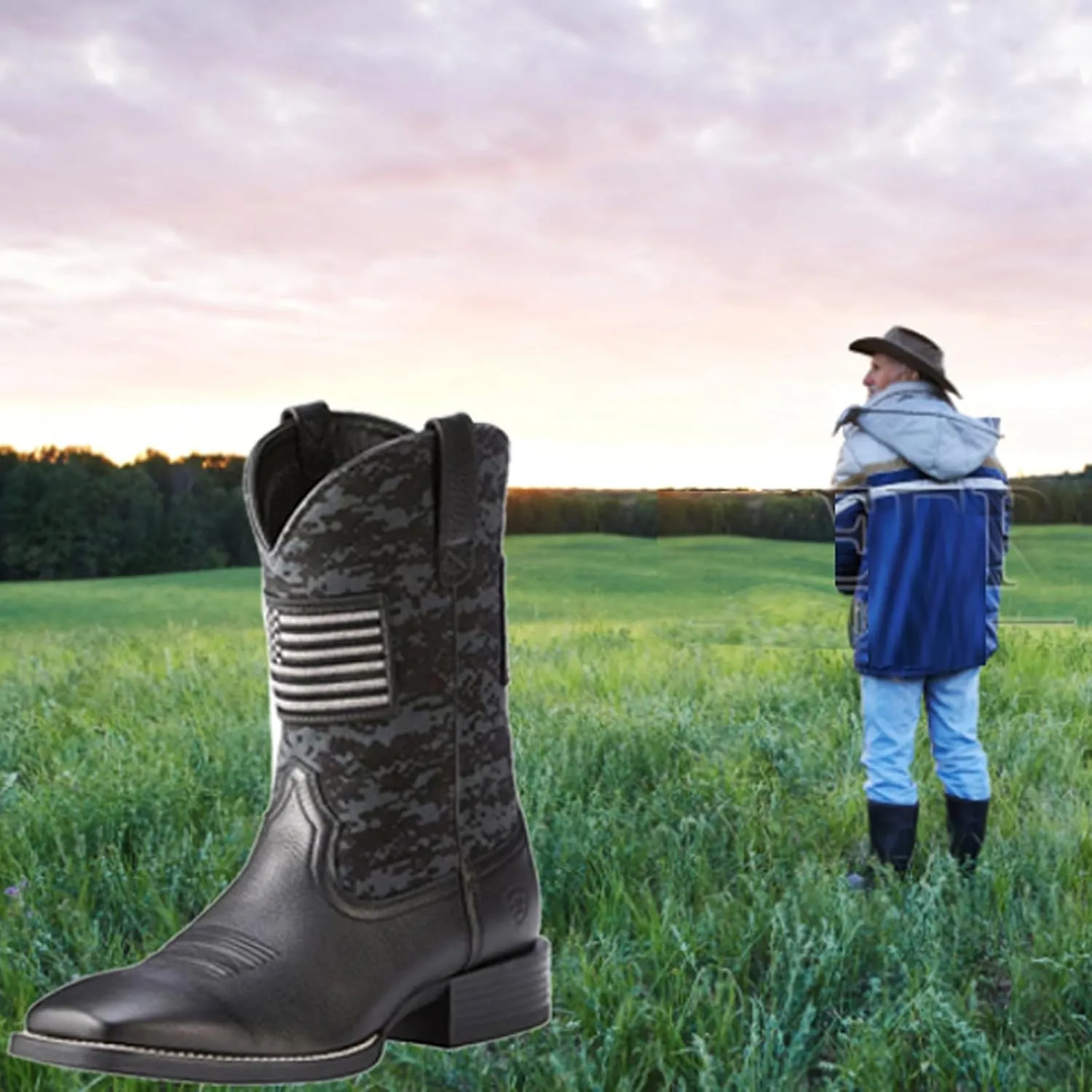 YXCFEWD Cowboy Boots for Men, Slip on Square Toe Boots, Slip Resistant Boots Chunky Heel, Sport Patriot Western Men's Boot