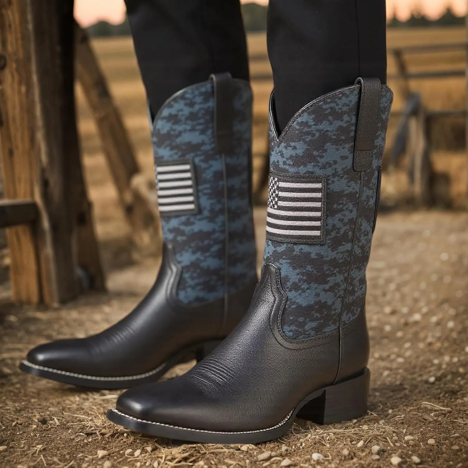 YXCFEWD Cowboy Boots for Men, Slip on Square Toe Boots, Slip Resistant Boots Chunky Heel, Sport Patriot Western Men's Boot