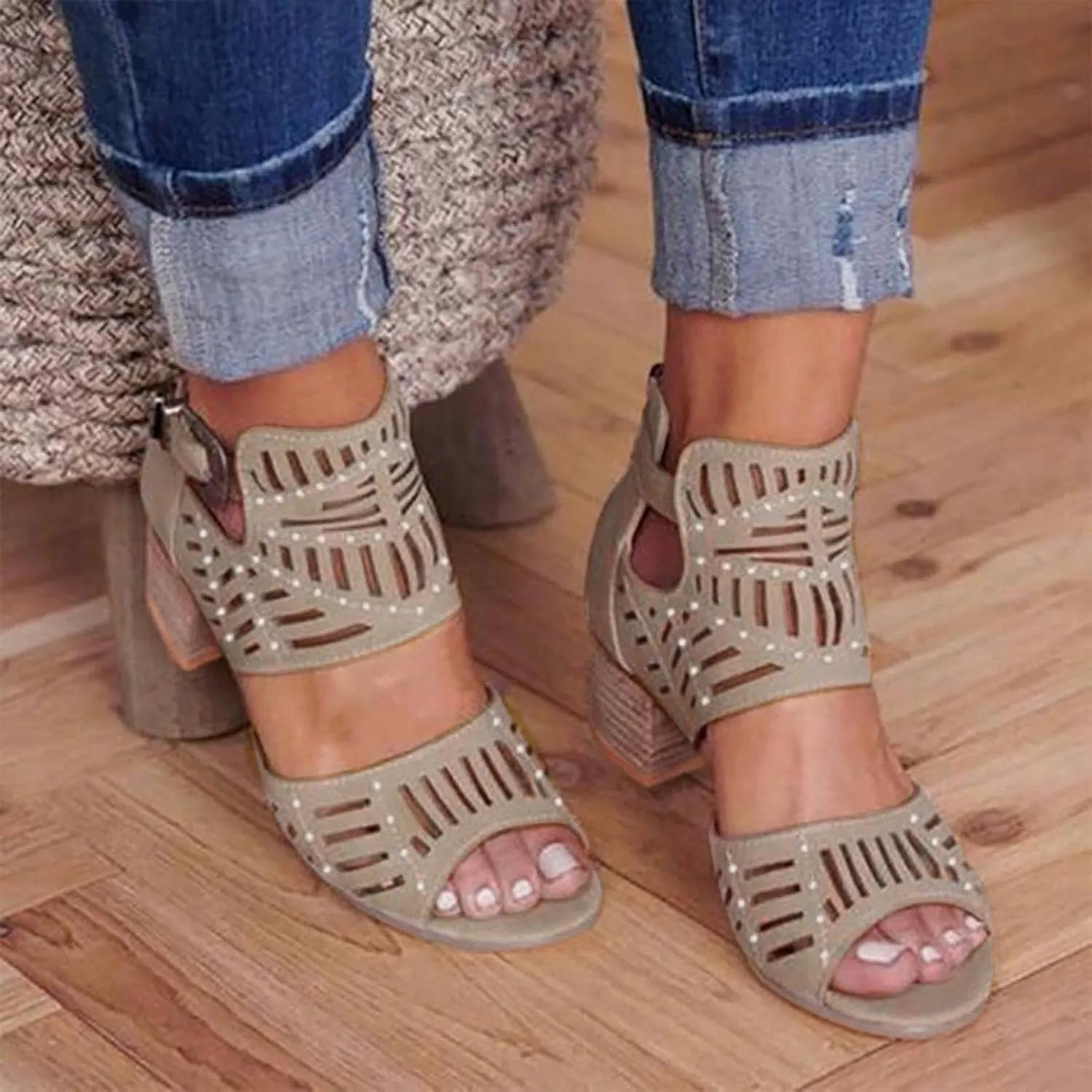 ZBYY Women's Ankle Strap Heeled Sandals Summer Platform Chunky Block Heel Sandals Cutout Peep Toe Heel Sandal with Zipper