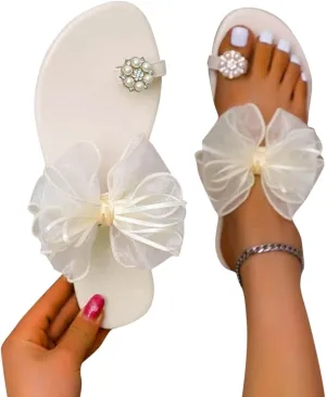 ZBYY Womens Flat Sandals,Summer Bow Tie Beach Sandals for Wedding Party Dress Gladiator Thong Flip Flop Slipper