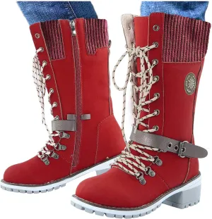 ZBYY Women's Knee Length Boots,Lace Up Western Cowboy Knee High Boots Winter Warm Combat Riding Mid Calf Booties