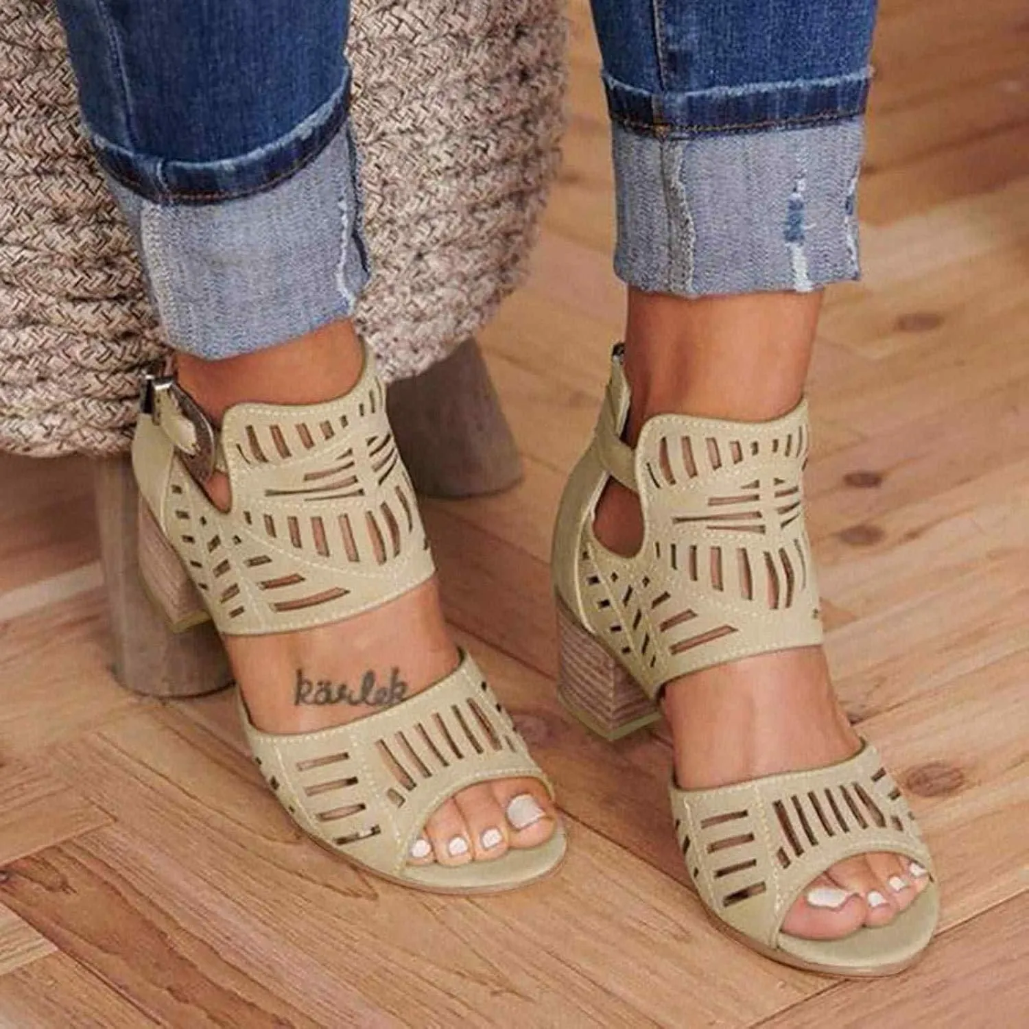 ZBYY Women's Peep Toe Sandals Summer Double Buckle Cutout Side Strap Sandals Chunky Block Low Heel Ankle Strap Sandals